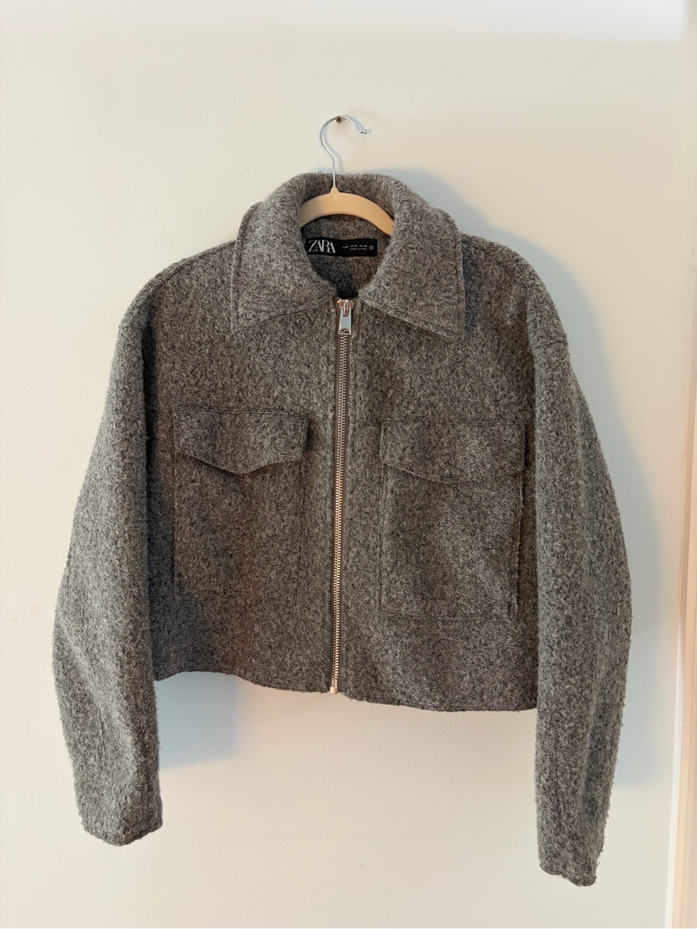 ZARA Gray Textured Wool-Blend Zip Jacket